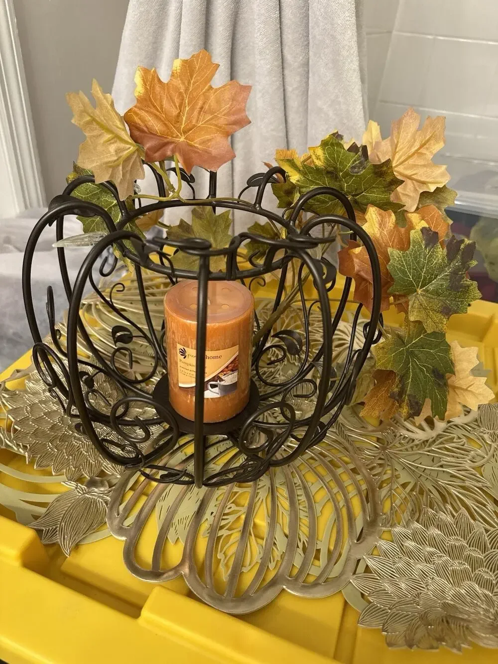 NWT Metal Iron Pumpkin Lantern Candle Holder Fall Leaves Home Decor Autumn